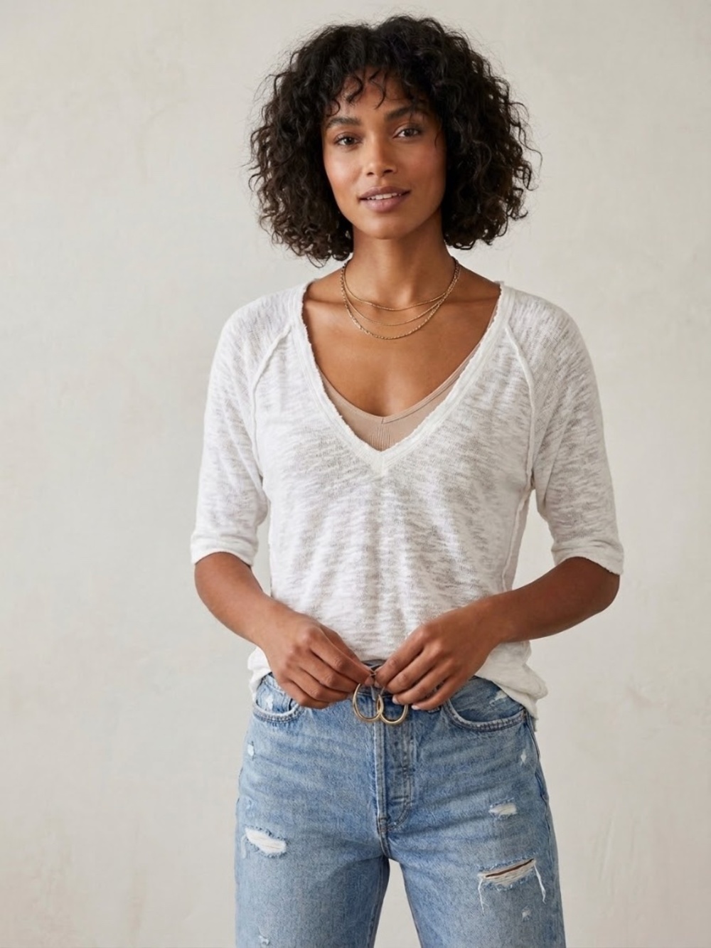 Free People - We The Free White V-Neck Short Sheer Sleeve Top